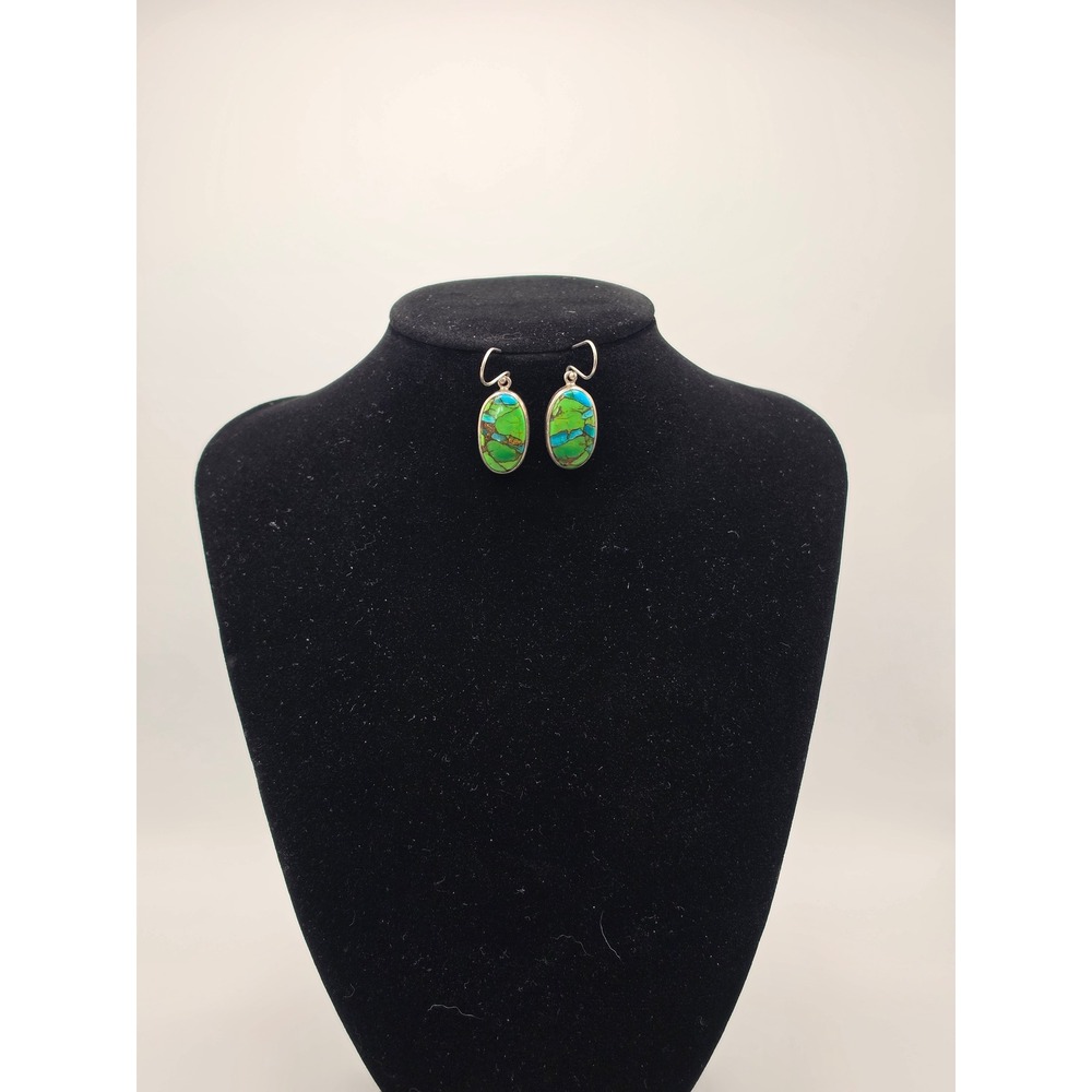 925 Sterling Silver Green Blue Composite Turquoise Oval Drop Dangle Earrings